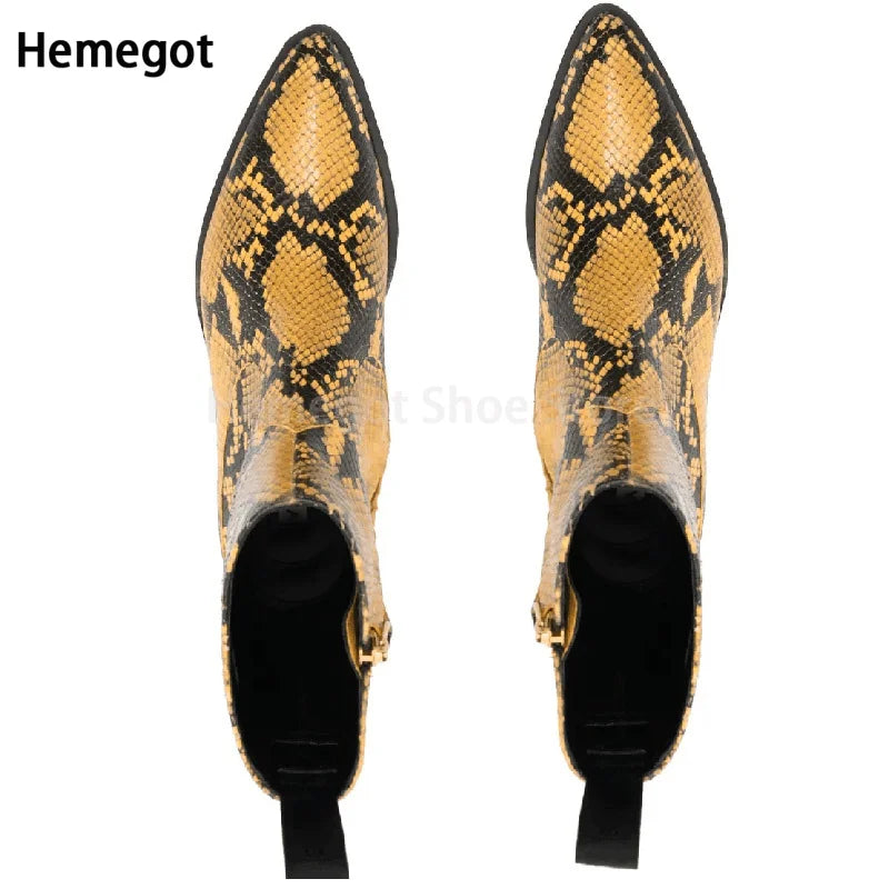 Cowhide Snake Print Boots Men's Chelsea Boots Summer Fashion Personality New Pointed Toe Heightened Side Zipper Casual Shoes