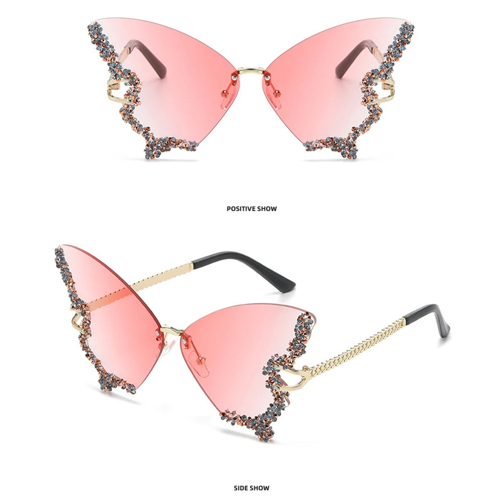 Luxury Diamond Butterfly Sunglasses Women Brand  Vintage Rimless Oversized Sun Glasses Ladies Eyewear Holiday Decorative Eyewear