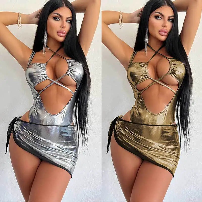 Shiny One Piece Swimsuit 2024 Women Sexy Silver Gold Hollow Out Criss Cross Skirt Swimwear Set Bathing Suit PU Swimming Monokini