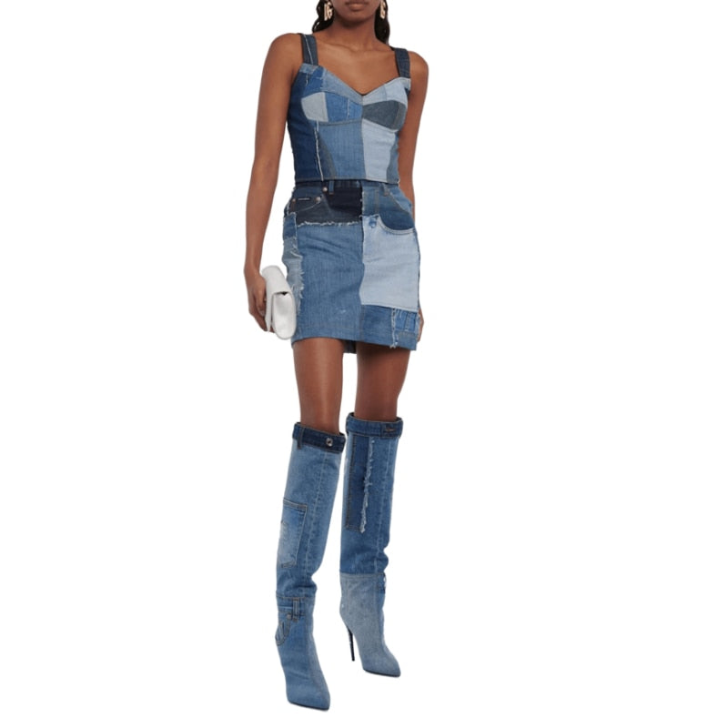 Autumn/Winter 2023 New High Heel Cowboy Boot Water Wash Pocket Design Pointed High Heel Sexy Motorcycle Knee Boots