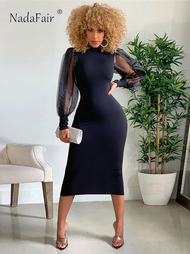 Nadafair Mesh Puff Sleeve Sexy Bodycon Dress Women High Neck Club Outfits Back Split Black Party Maxi Dress Women Winter  2021