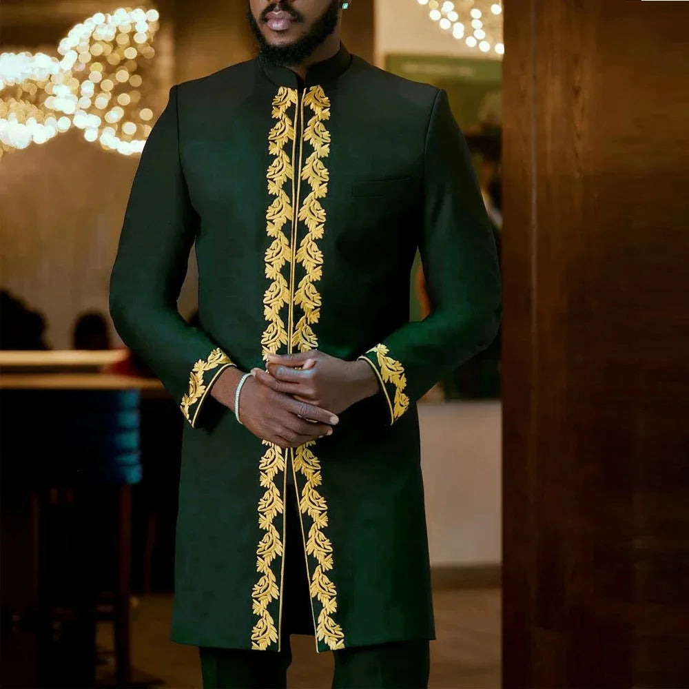Kaunda Men Suits Solid Zipper Tops Pants Gentleman Man Suit African Kaftan Traditional Clothing 2PCS Wedding Sets Dashiki Wear