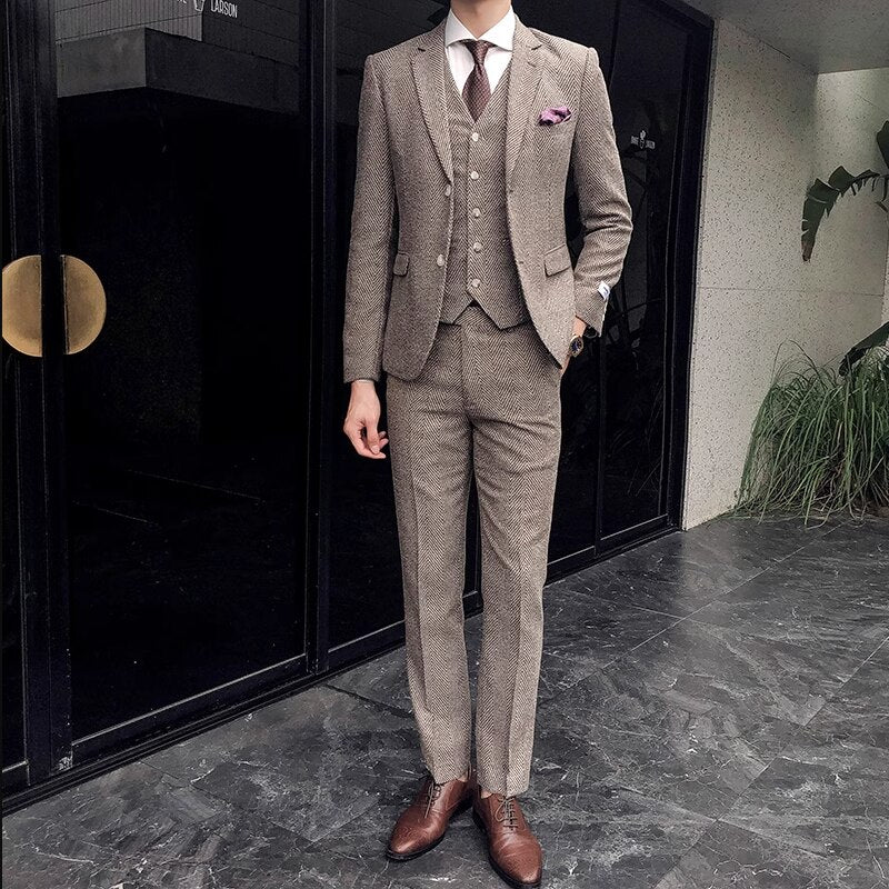 Qj Cinga Boutique Business Twill Suit 3 Piece Slim Fit Clothing Fashion Men Wedding Ball Party Dress Male Suit and Trousers Vest