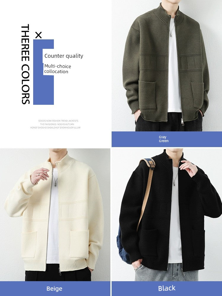 Trendy Stand Collar Spring and Autumn Loose and Handsome Knitted Cardigan