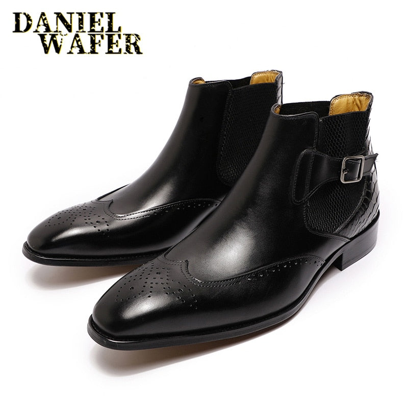 Luxury Brand Men's Chelsea Causal Boots High Quality Genuine Leather Slip on Buckle Strap Black Brown Wedding Formal Ankle Boots
