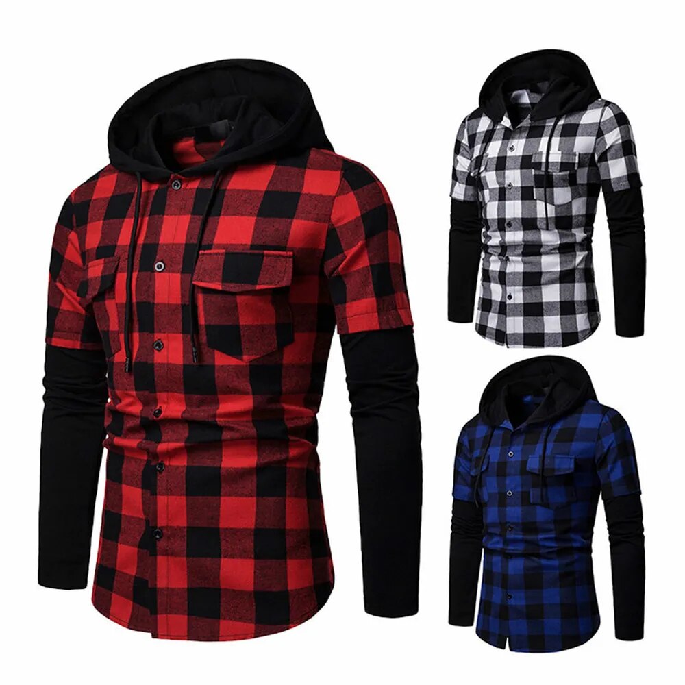 Men's Casual Slim Fit Shirt Fashion Plaid Hooded Dual Pockets Long Sleeve Top Lumberjack Check Shirt Jack Clothes MCL205