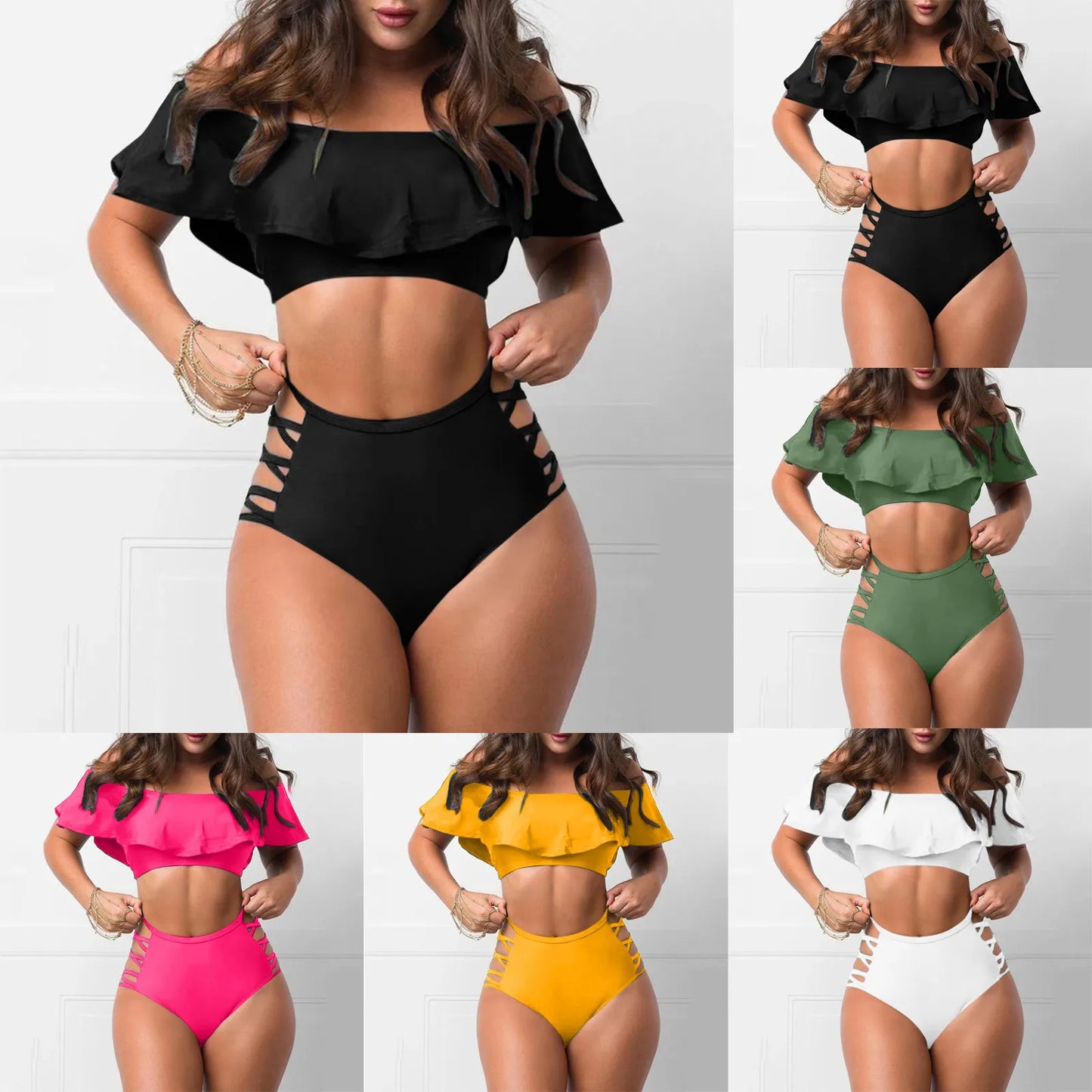 Sexy Ruffled Off Shoulder Bikini Sets Bandage Swimsuit Women High Waist Bandeau Push Up Swimwear Set Beach Mujer Biquini Suit