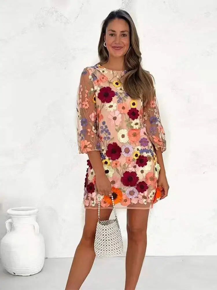 Fashion Flower Embroidered Lace Long Dress For Women Elegant O-neck Long Sleeve Dresses 2024 Spring Chic High Street Vestidos