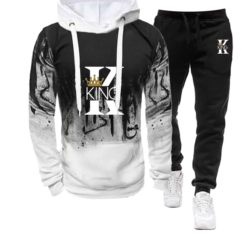 Men's Sets Splash Ink Sweatshirt and Sweatpants Two Piece Outfits Autumn Spring King Printed Streetwear Male Tracksuit S-4XL