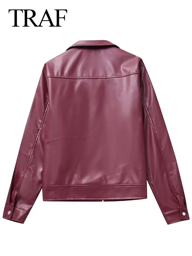 TRAF 2023 Autumn Women Fashion New Imitation Leather Jacket Solid Red Loose Jackets Woman With Zipper Moto Biker Female Coat