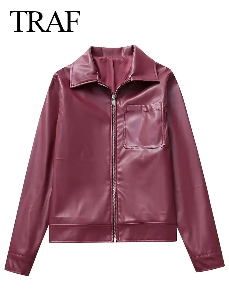 TRAF 2023 Autumn Women Fashion New Imitation Leather Jacket Solid Red Loose Jackets Woman With Zipper Moto Biker Female Coat