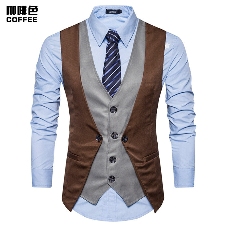 Men Formal Waistcoat Vest Business Solid Color Single Button Vest gilet Fake Two-pieces V Neck Casual S-lim chalecos para hombre