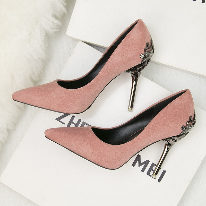 Pointed single shoe women's wedding shoes red bride's shoes metal hollowed out suede thin heeled high heels  luxury