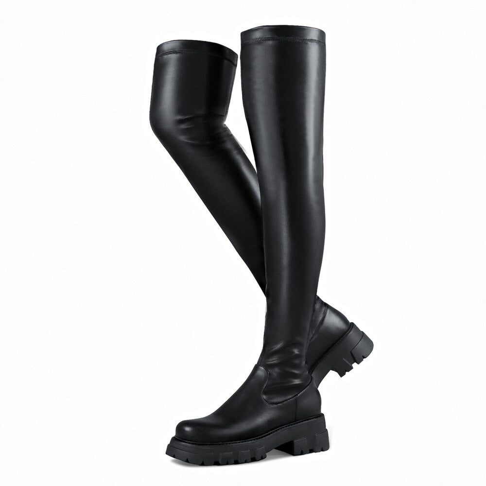 KemeKiss Elastic Thigh High Boots Big Size 37-43 Women Lug Sole Zipper Chunky Heels Overknee Boots Platform Wide 2023 Designer