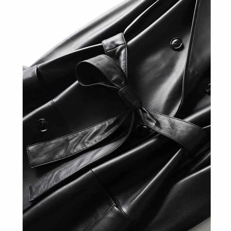 Julypalette 2023 New Real Leather Mid Length Trench Coat Chic Women Double Breasted Lace Up Sashes Lambskin Blazer Jackets