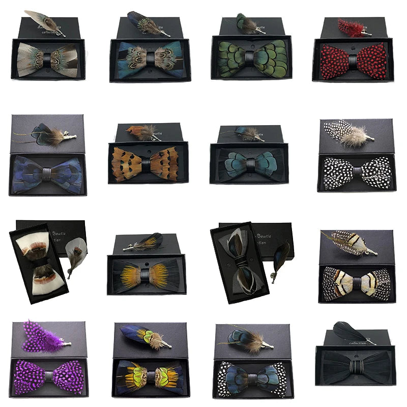 Feather Bowtie Brooch Set Leather Bow Tie Adjustable Formal Bow-tie Best Gift for Men Wedding Party Use