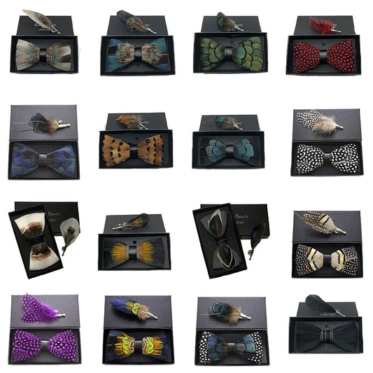 Feather Bowtie Brooch Set Leather Bow Tie Adjustable Formal Bow-tie Best Gift for Men Wedding Party Use