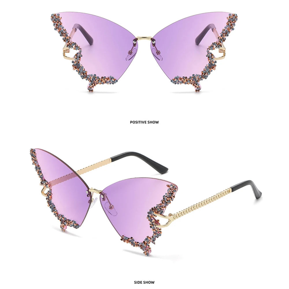Luxury Diamond Butterfly Sunglasses Women Brand  Vintage Rimless Oversized Sun Glasses Ladies Eyewear Holiday Decorative Eyewear