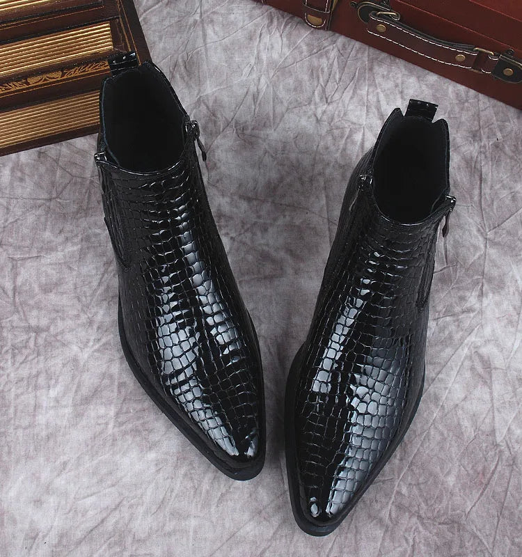 Men Ankle Boots Genuine Leather Black Blue Pointy Men Elegant Dress Boot Italian Formal Crocodile Pattern Chelsea Boot Shoes Men
