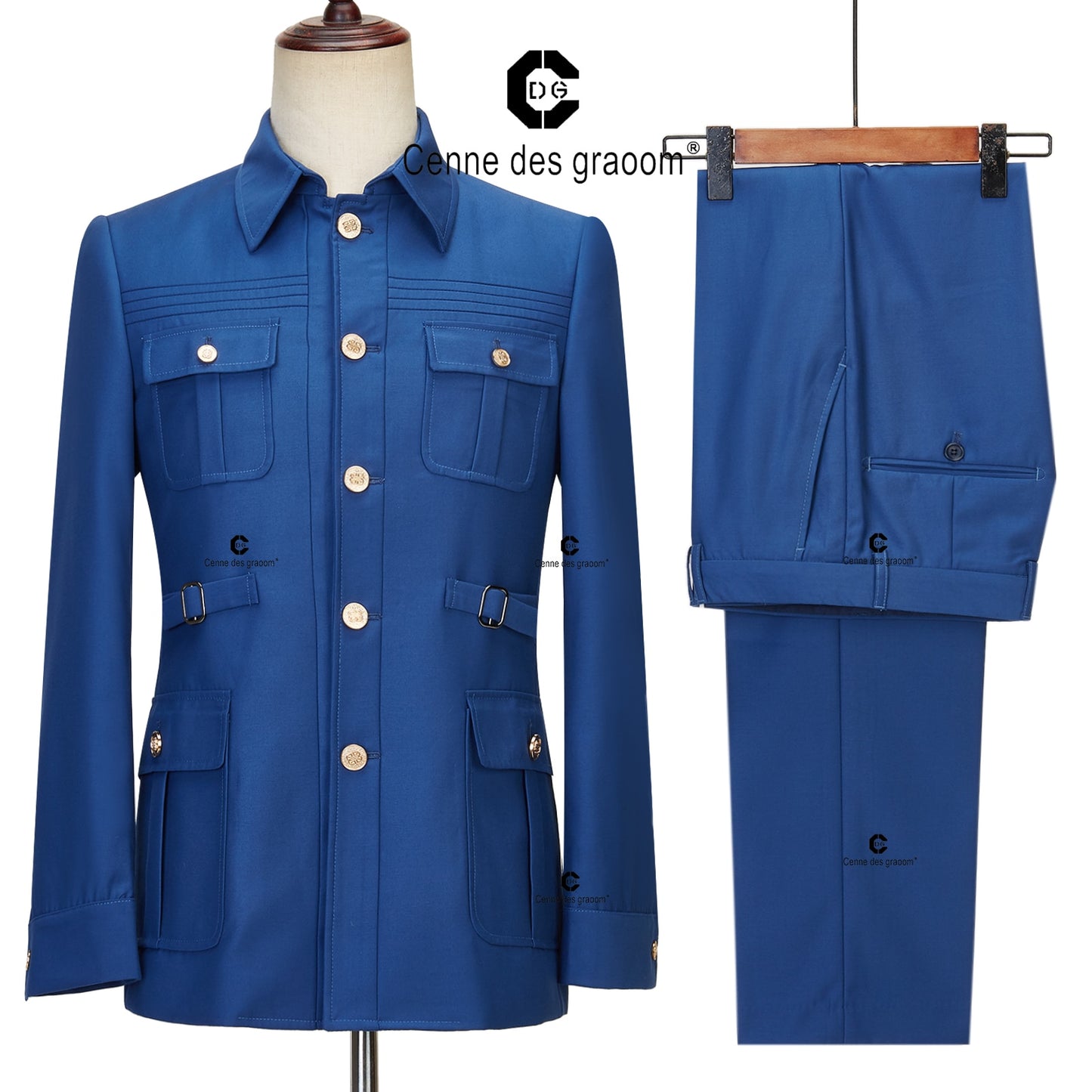 Cenne Des Graoom Safari Men Suits Gold Button Square Collar Tailor-Made Formal Casual Business Official Wear Costume Homme Blue