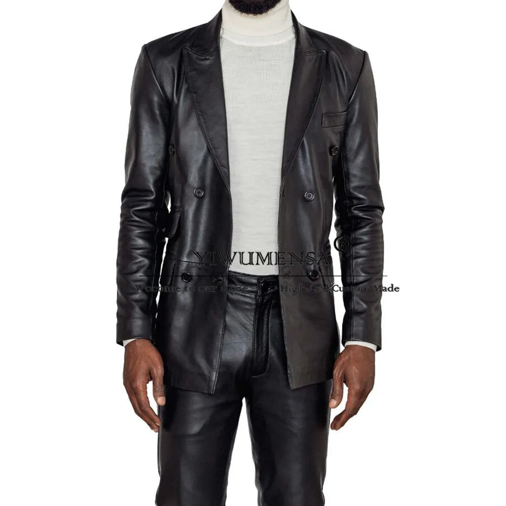 Male Fashion Faux Leather Suits Men Double Breasted Jacket Pants 2 Pieces Business Prom Blazer Banquet Dinner Party Groom Tuxedo
