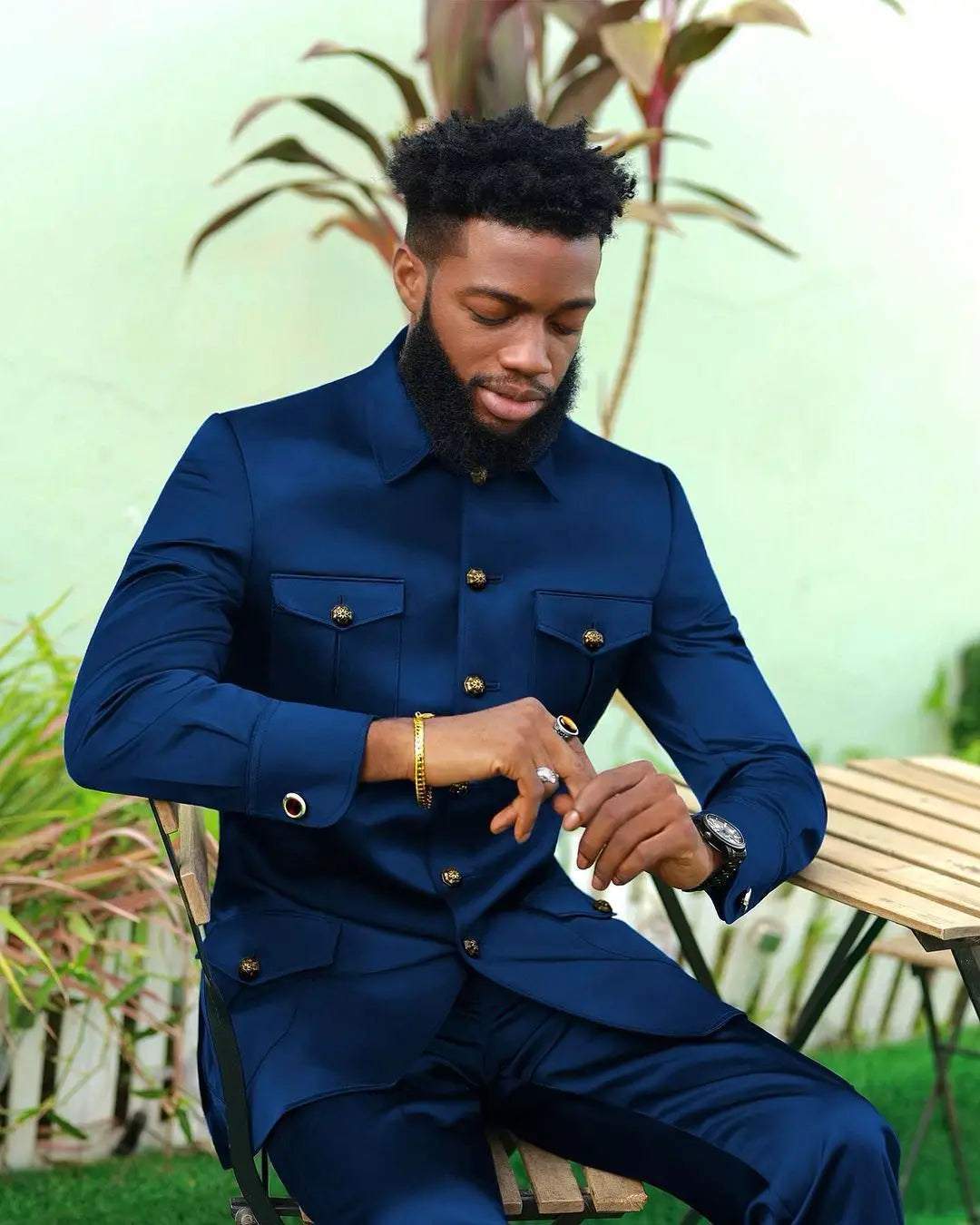 Africa Stand Collar 4 Pockets Safari Style Dark Blue Full Male Suits Wedding Clothing Blazer Trousers 2pcs Jacket Pants Men Sets