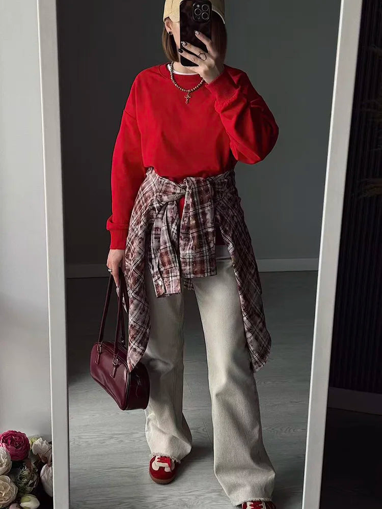 Women's Sweatshirt Sport Loose Fall Clothes Streetwear Pullover Oversized Crewneck Sweatshirt Black For Women Red Sweatshirts
