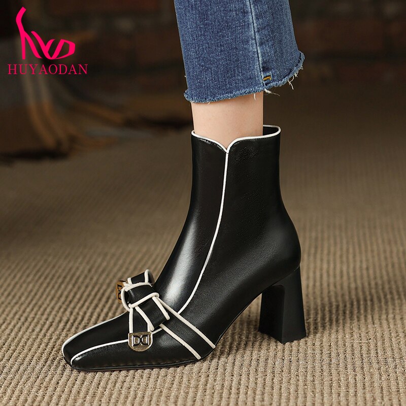 New Brand Genuine Leather Autumn Winter Warm Ankle Boots High Heels Square Toe Black Beige Butterfly-knot Dress Party Lady Shoes