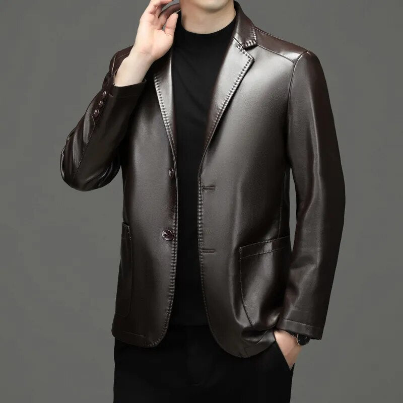 High Quality Men's Suit Leather Coat Autumn and Winter New Sheep Skin Casual Small Suit Coat Men's Leather Jacket