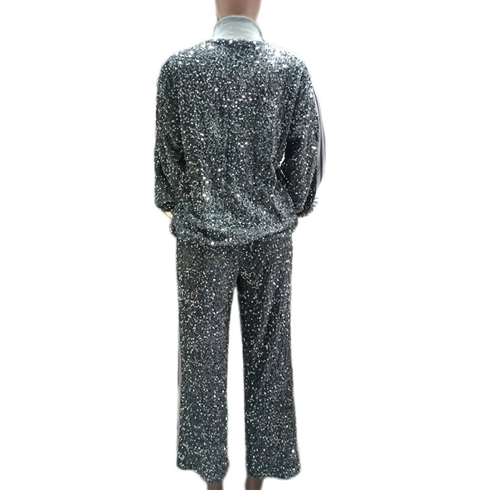 2023 Women 2 Piece Glitter Sequin Outfits Tracksuit Long Sleeve Zip up Pockets Jacket Tops Bodycon Long Pants Sweatsuit Clubwear