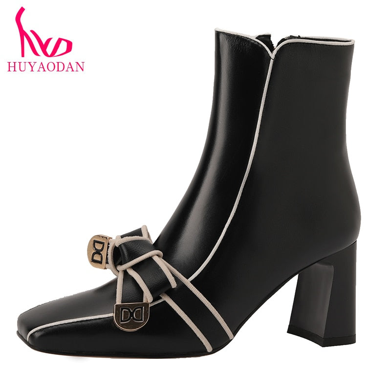 New Brand Genuine Leather Autumn Winter Warm Ankle Boots High Heels Square Toe Black Beige Butterfly-knot Dress Party Lady Shoes