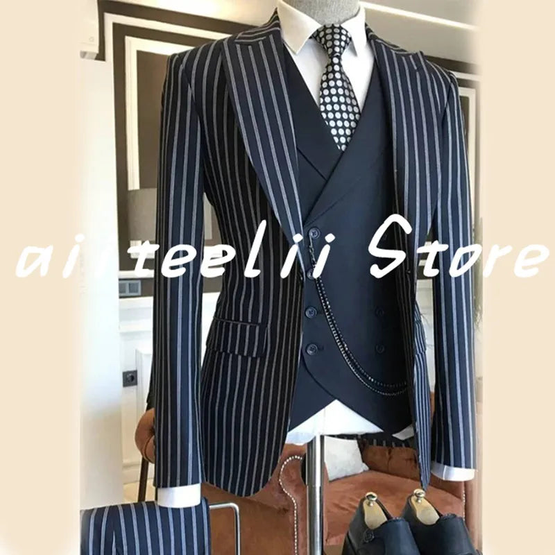 Men's Suit 3 Piece Striped Blazer Pants Vest Formal Wedding Tuxedo Homme Jacket Business Suits conjuntos de chaqueta