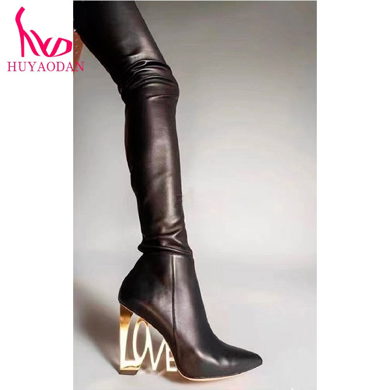 New Fashion Autumn Winter Warm Stretch Boots High Heels Pointed Toe Black Zipper Dress Party Over The Knee Boots Big Size 34-43