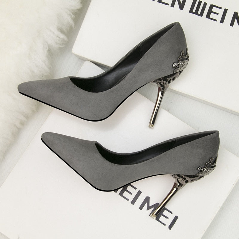 Pointed single shoe women's wedding shoes red bride's shoes metal hollowed out suede thin heeled high heels  luxury