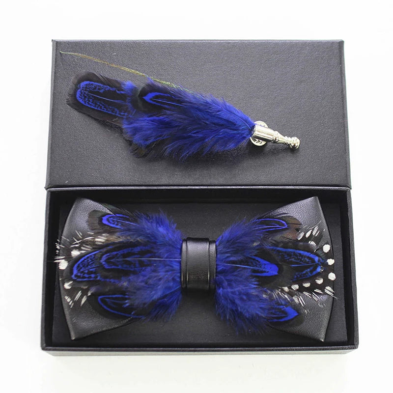 Feather Bowtie Brooch Set Leather Bow Tie Adjustable Formal Bow-tie Best Gift for Men Wedding Party Use