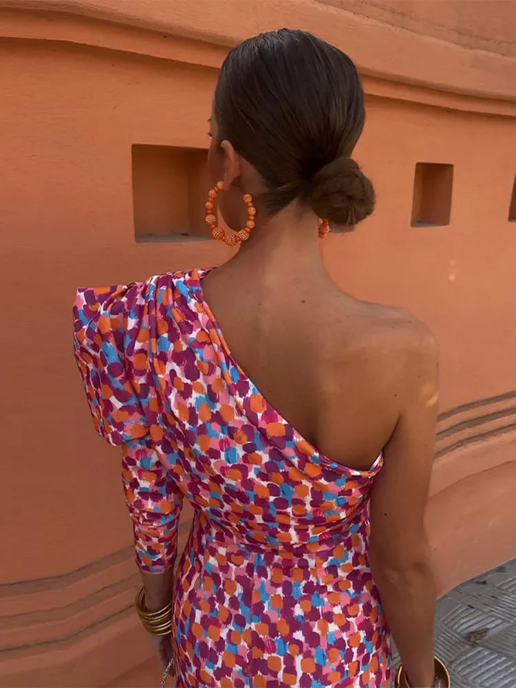 One Shoulder Print Long Sleeve Maxi Dress Women Backless Slim Fit Pleated Robes 2024 New Fashion Lady Vacation Party Vestidos