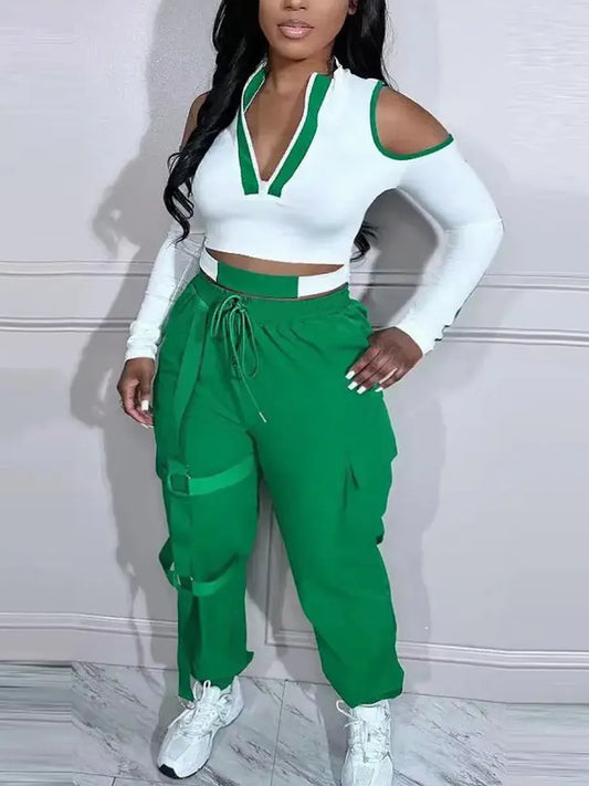LW Plus Size Women Color Block Zipper Cut Out Round Neck Cold Shoulder Pierced Drawstring Design Two Piece Suits Pants Set