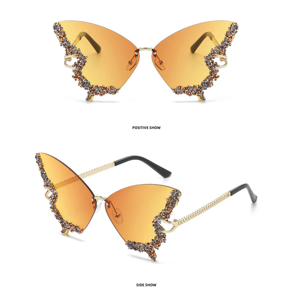 Luxury Diamond Butterfly Sunglasses Women Brand  Vintage Rimless Oversized Sun Glasses Ladies Eyewear Holiday Decorative Eyewear