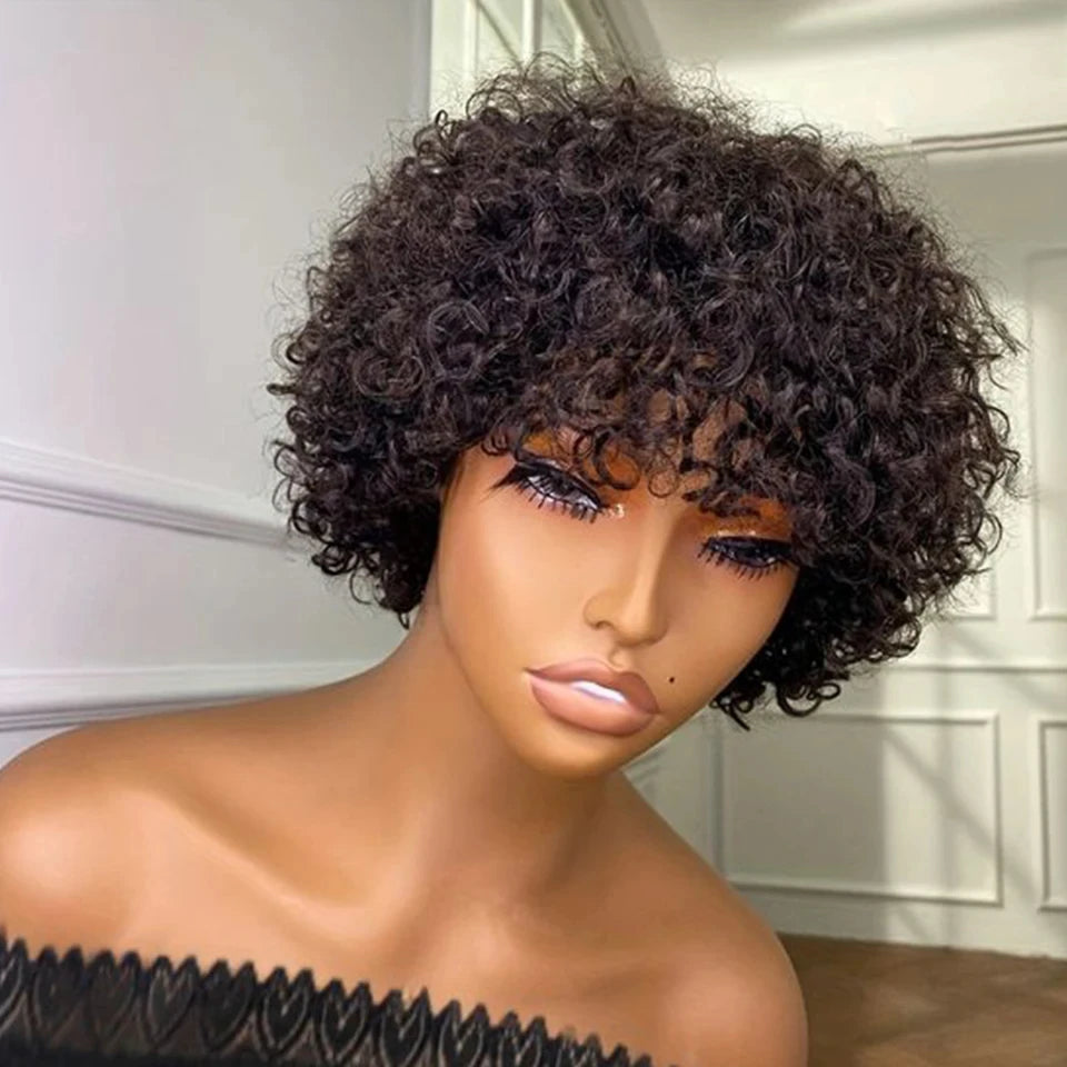 Pixie Short Afro Curly Bob Human Hair Wigs With Bangs For Women Brazilian Remy Hair Wear and Go Natural Brown Kinky Curly Wigs