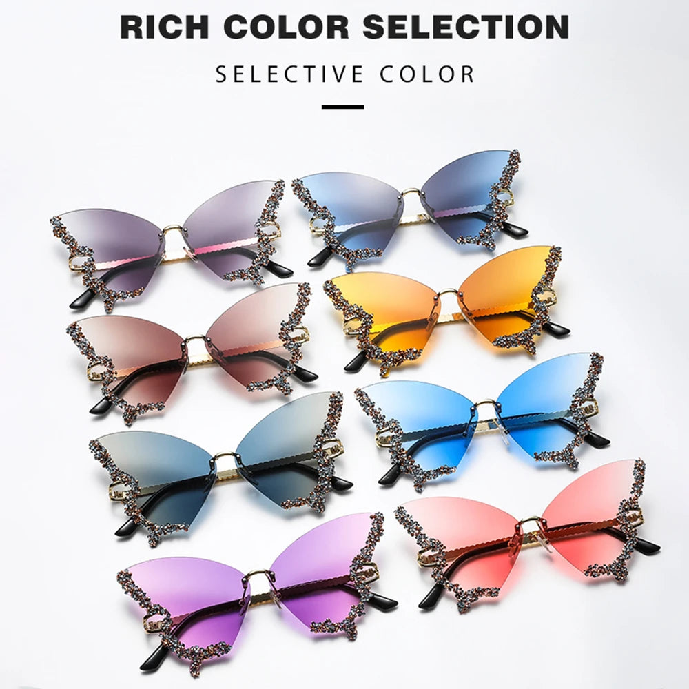 Luxury Diamond Butterfly Sunglasses Women Brand  Vintage Rimless Oversized Sun Glasses Ladies Eyewear Holiday Decorative Eyewear