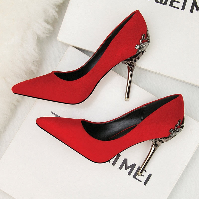Pointed single shoe women's wedding shoes red bride's shoes metal hollowed out suede thin heeled high heels  luxury
