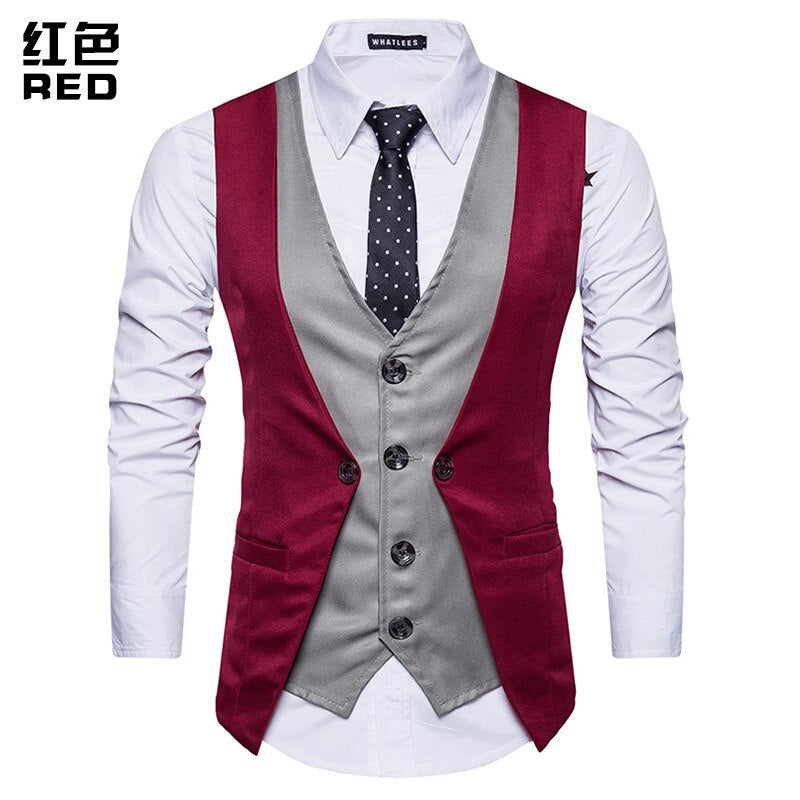 Men Formal Waistcoat Vest Business Solid Color Single Button Vest gilet Fake Two-pieces V Neck Casual S-lim chalecos para hombre