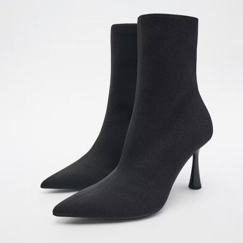 TRAF Black High Heel Sock Boots For Women Elegant Knitting Stretch  Ankel Boots Office Lady Pointed Toe Heels Autumn Heeled Boot