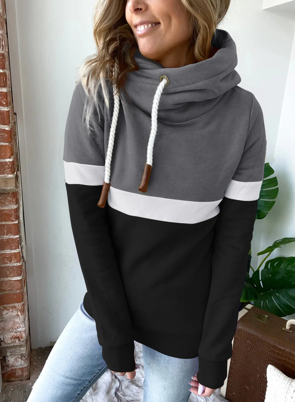 Women's sweatshirt 2024 new autumn and winter solid color stitching casual high collar hooded cross-border sweatshirt for women