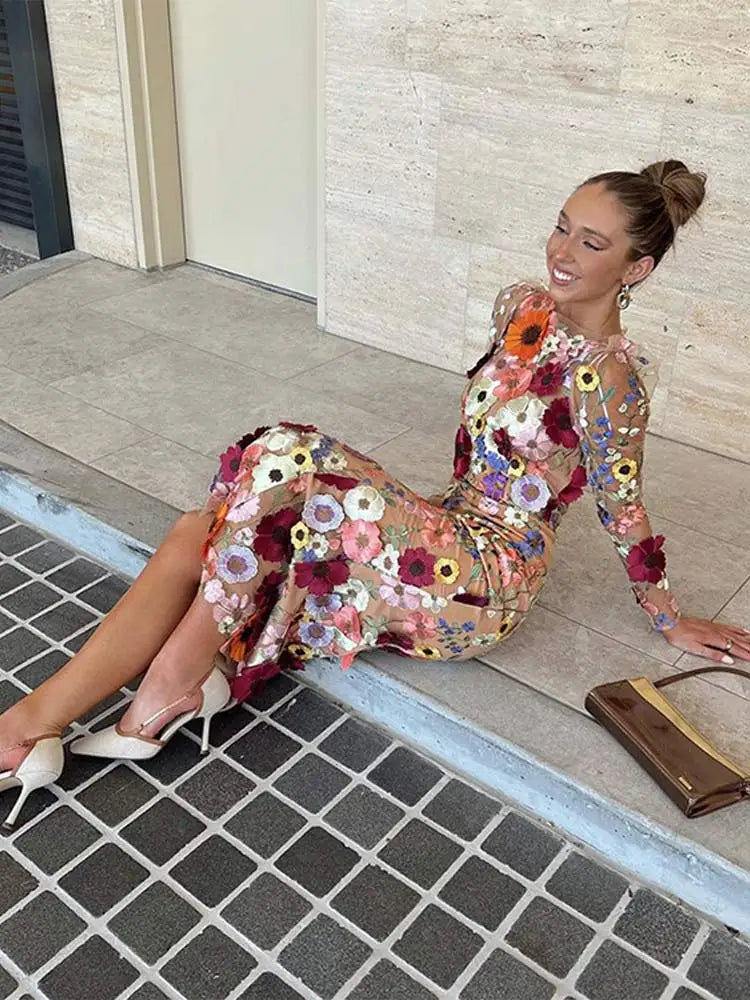 Fashion Flower Embroidered Lace Long Dress For Women Elegant O-neck Long Sleeve Dresses 2024 Spring Chic High Street Vestidos
