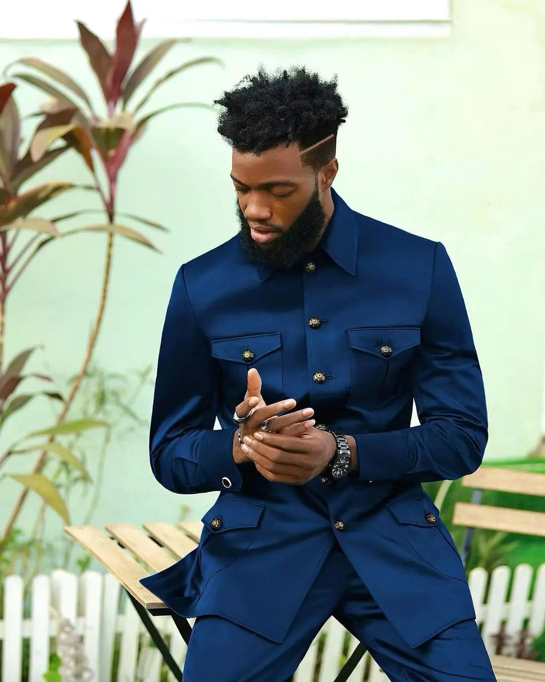 Africa Stand Collar 4 Pockets Safari Style Dark Blue Full Male Suits Wedding Clothing Blazer Trousers 2pcs Jacket Pants Men Sets