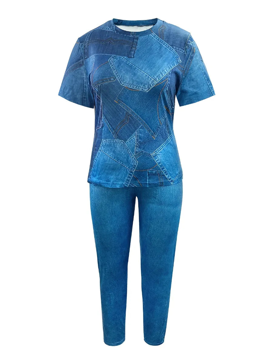 LW Plus Size 2pcs suit Autumn NEW Print Two-piece Pants Set Fashion causal short sleeve top +Matching Set Trousers Two Piece Set