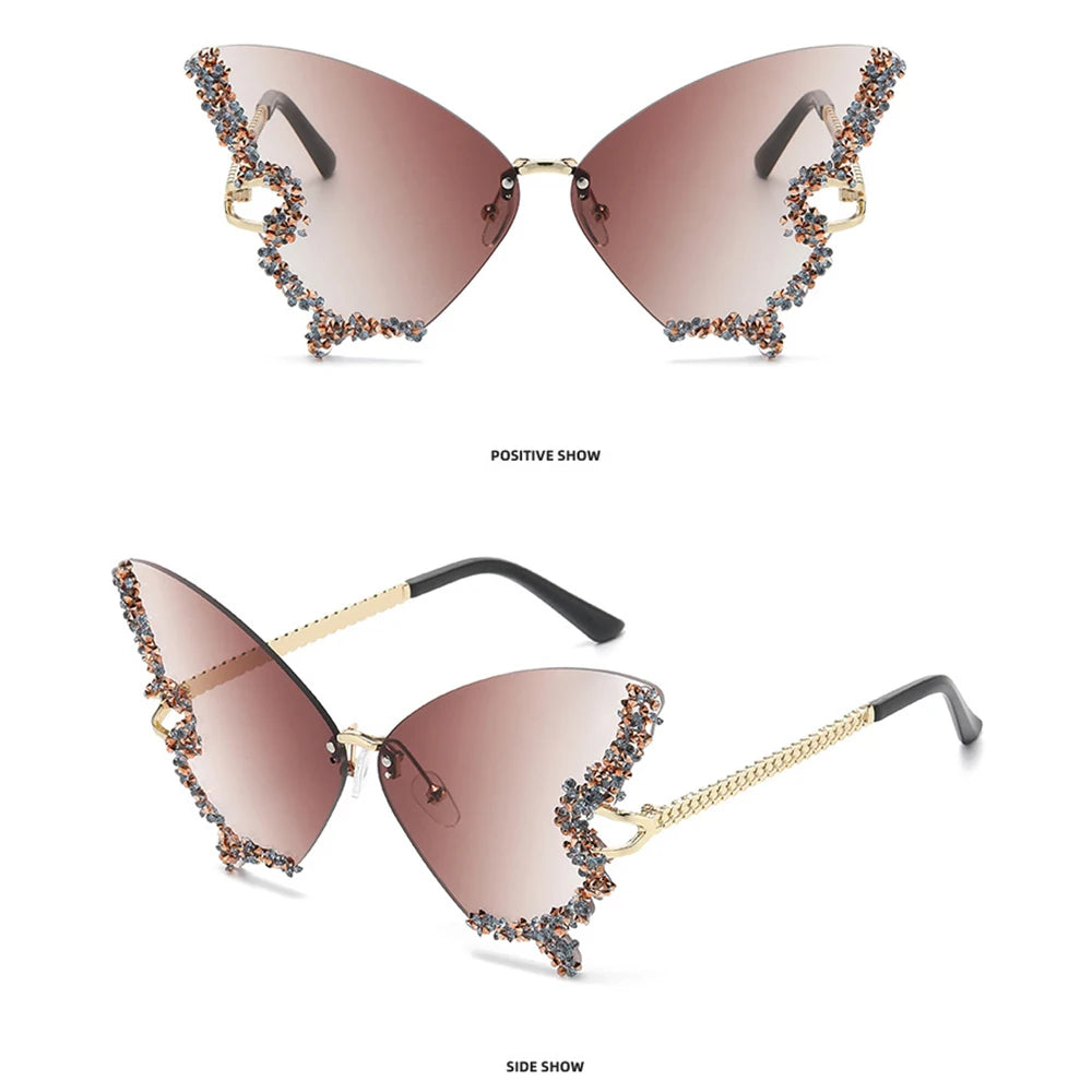 Luxury Diamond Butterfly Sunglasses Women Brand  Vintage Rimless Oversized Sun Glasses Ladies Eyewear Holiday Decorative Eyewear