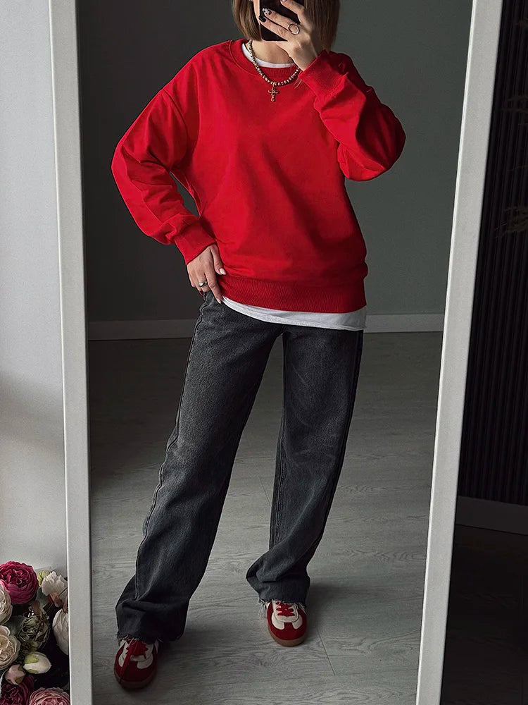 Women's Sweatshirt Sport Loose Fall Clothes Streetwear Pullover Oversized Crewneck Sweatshirt Black For Women Red Sweatshirts