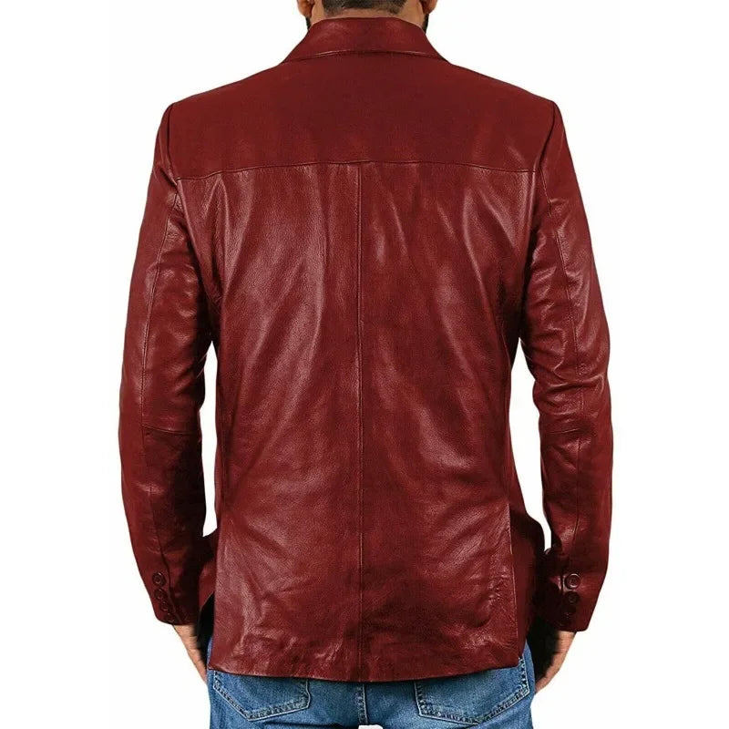Men Genuine Lambskin High Quality Leather Soft Blazer Two Button Jacket Red Coat